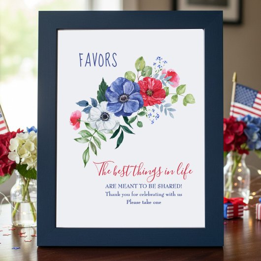 Poster Red White and Blue Floral Favor Table Sign