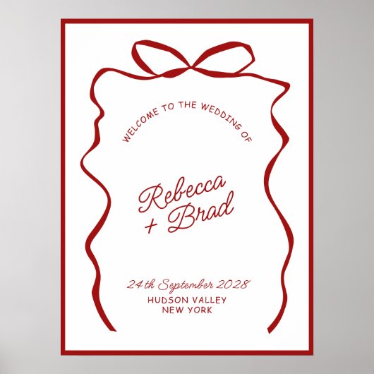 Poster Red & White Hand Drawn Bow Wedding Welcome Sign (Devant)