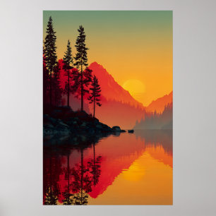 Poster Reflet au lever du soleil Lac alpin Silhouette de