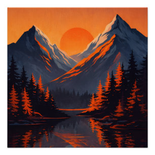 Poster Reflet de coucher de soleil de montagne Ciel orang