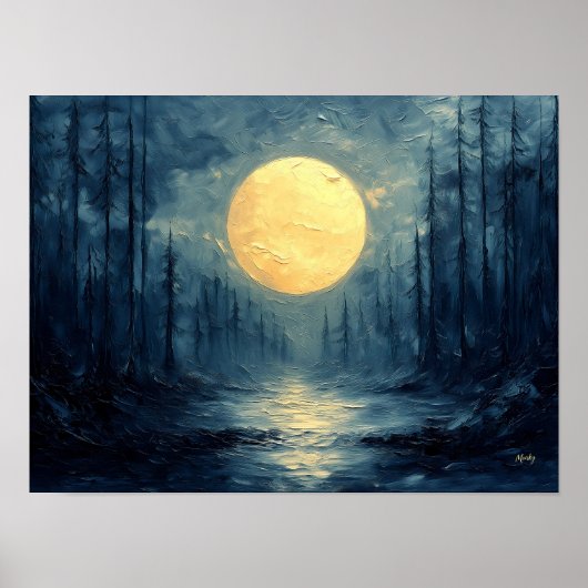 Poster Reflet de forêt au clair de lune – Abstrait bleu e (Devant)