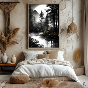 Poster Reflet de forêt au clair de lune – Sérénité monoch