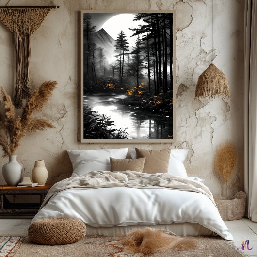Poster Reflet de forêt au clair de lune – Sérénité monoch