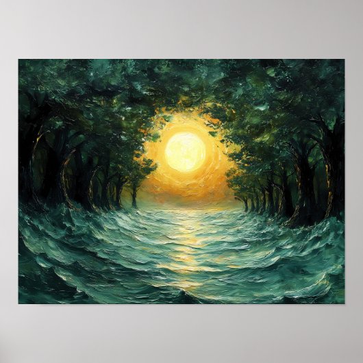Poster Reflet de forêt au coucher du soleil – Soleil doré (Devant)