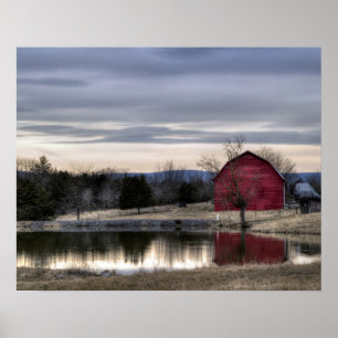 Poster Reflet de grange rouge dans l'eau Photo HDR