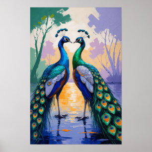 Poster Reflet de paire de paons dans l'eau, élégante art 