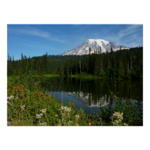 Poster Reflet du lac du mont Rainier avec des fleurs sauv