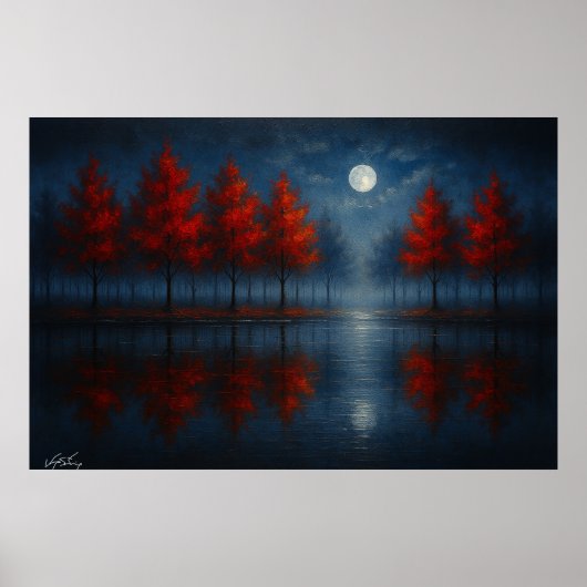 Poster Reflets de la forêt rouge au clair de lune – Nuit (Devant)