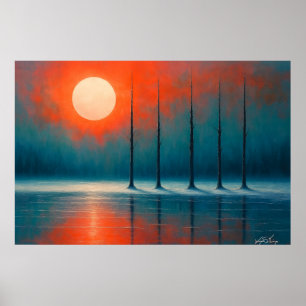 Poster Reflets du coucher de soleil avec des arbres dénud