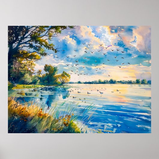 Poster Reflets du coucher de soleil sur l'aquarelle de Ha (Devant)