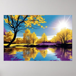 Poster Réflexion sur le lac paisible des arbres violets e