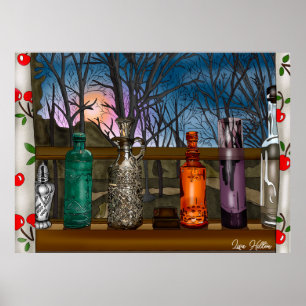 Poster Réflexion Vases en verre coloré dans la fenêtre