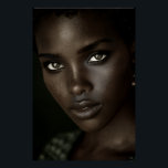 Poster Regal Ebony Portrait Intense Gaze Gold Hoops<br><div class="desc">A luminous close-up captures deep ebony skin sculpted by soft light, highlighting razor-sharp cheekbones, full glossy lips, and piercing hazel-green eyes framed by bold winged liner. Natural curls hug the face tightly while small gold hoops and rich green embroidered fabric add refined luxury against a velvety black backdrop. The portrait...</div>