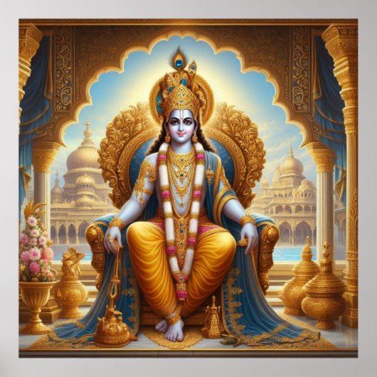 Poster Regal Gold Ornate Krishna Dwarkadheesh Throne Art (Devant)