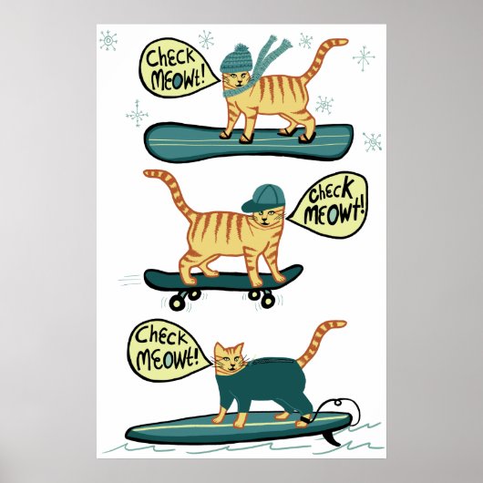 Poster Regarde Meowt ! Skate Surfer Snowboard Tabby Chat (Devant)