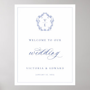 Poster Regency Blue Crest Monogram Mariage Bienvenue
