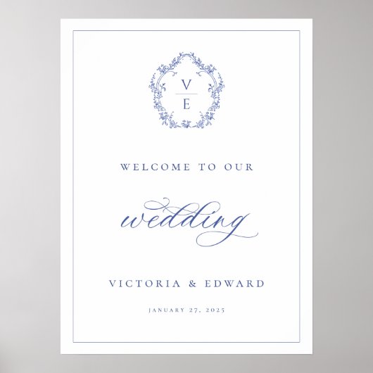 Poster Regency Blue Crest Monogram Mariage Bienvenue (Devant)