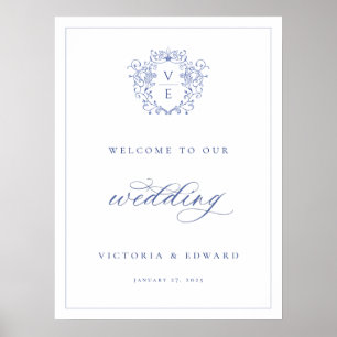 Poster Regency Blue Crest Monogram Mariage Bienvenue