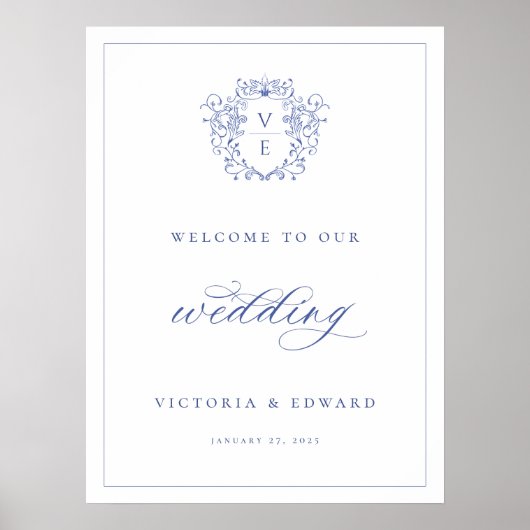 Poster Regency Blue Crest Monogram Mariage Bienvenue (Devant)