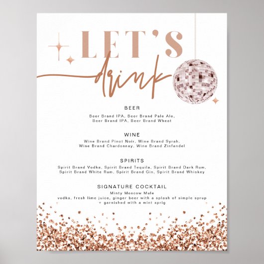 Poster REGINA Rose Gold Disco Menu du bar Let's Drink  (Devant)