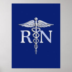 Poster Registered Nurse RN Silver Caduceus Navy Blue deco