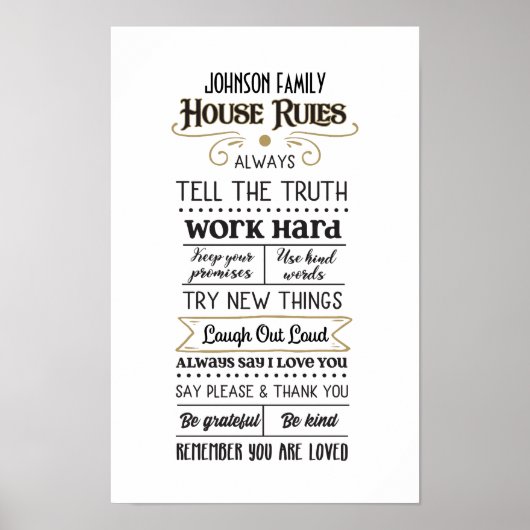 Poster Règles de la maison avec nom de famille Black Gold (Devant)