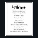 Poster Règles de la Maison de vacances Modèle de texte no<br><div class="desc">L'accueil apparaît dans un script noir en haut de cette affiche de règles de la maison pour une maison de location de courte durée. Une courte déclaration d'ouverture est sous le script. Ensuite, il y a huit règles pour une maison de location à court terme. Tout le texte est noir....</div>