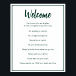 Poster Règles de la Maison de vacances Modèle vert foncé<br><div class="desc">Bienvenue apparaît dans un script vert foncé en haut de cette affiche de règles de la maison pour une maison de location à court terme. Une courte déclaration d'ouverture est sous le script. Ensuite, il y a huit règles pour une maison de location à court terme. Tout le texte est...</div>