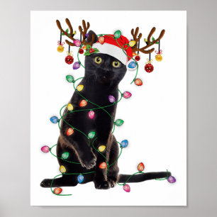 Poster Reindeer Black Cat Christmas Lights Funny Cat Love