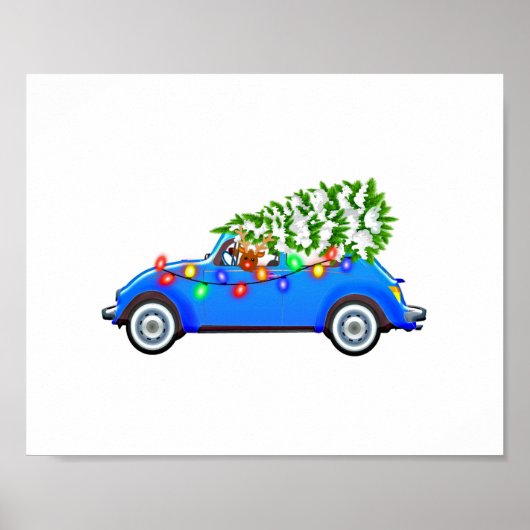 Poster Reindeer driving a beetle with christmas treeb (Devant)
