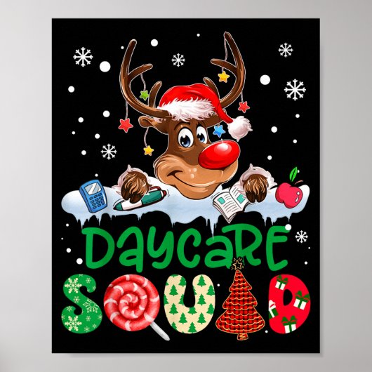 Poster Reindeer Santa Hat Daycare Squad Teacher Christmas (Devant)