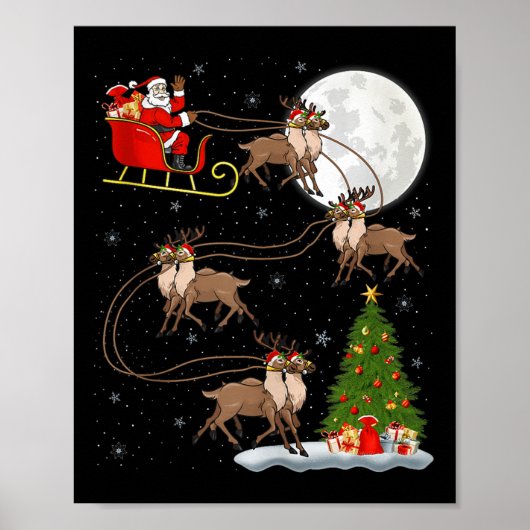 Poster Reindeer Santa Sleigh Flying Funny Magical Christm (Devant)