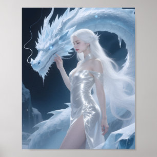 Poster Reine Dragon de Glace Blanche Fantaisie Argent Ble