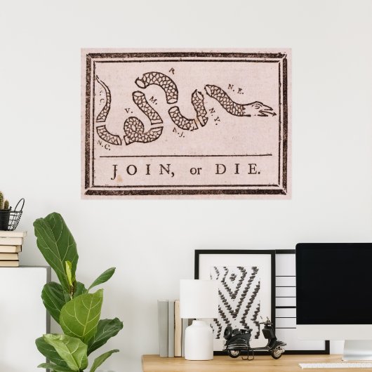 Poster Rejoignez ou mourrez Benjamin Franklin Caricature (Bureau à domicile)