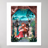 Poster Religious nativity scene blue, red Mary & Joseph H (Devant)