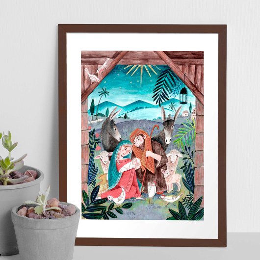 Poster Religious nativity scene blue, red Mary & Joseph H
