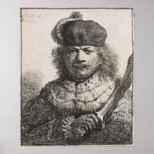 Poster Rembrandt - Autoportrait Avec Sabre Élevé 1634