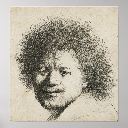 Poster Rembrandt - Autoportrait, Cheveux longs et broussa (Devant)