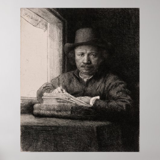 Poster Rembrandt - Dessin Autoportrait À La Fenêtre (Devant)