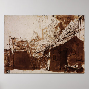 Poster Rembrandt - Farmhouse In Light and Shadow