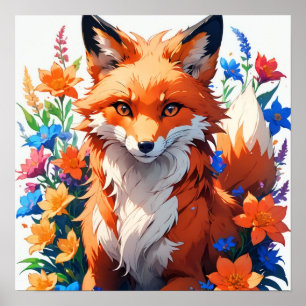 Poster Renard à fleurs