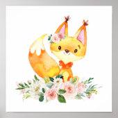Poster Renard, Animaux De Bois, Boho, Fleurs Roses (Devant)