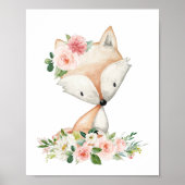 Poster Renard, Animaux De Bois, Boho, Fleurs Roses (Devant)