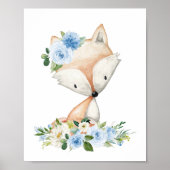 Poster Renard, Animaux des bois, Boho, Fleurs bleues (Devant)