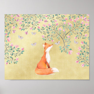Poster Renard avec papillons et fleurs roses