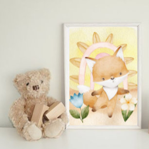 Poster Renard, Bébé Animaux, Boho, Fleurs, Arc-en-ciel