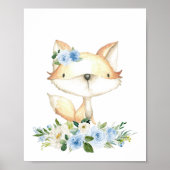 Poster Renard bébé, Animaux de bois, Boho, Fleurs bleues (Devant)