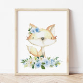 Poster Renard bébé, Animaux de bois, Boho, Fleurs bleues