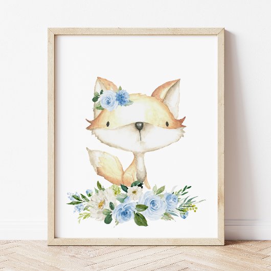 Poster Renard bébé, Animaux de bois, Boho, Fleurs bleues