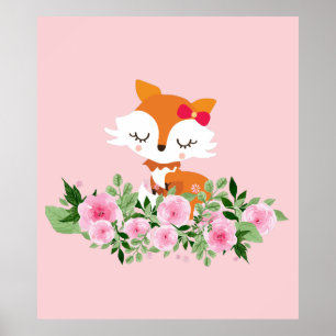 Poster renard boisé, renard mignon, rose, doux, mignon, r